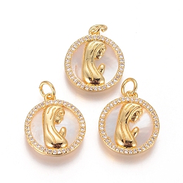 Honeyhandy Brass Pendants, with Micro Pave Cubic Zirconia,  Shell and Jump Rings, Flat Round with Virgin Mary, Clear, Golden, 17.5x15.5x2.5mm, Hole: 3.5mm