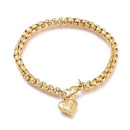 Honeyhandy 304 Stainless Steel Charm Bracelets, for Valentine's Day, with Box Chains and Lobster Claw Clasps, Heart with Word Love, Golden, 8-1/2 inch(21.6cm), 5mm