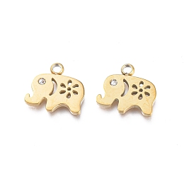 Honeyhandy Ion Plating(IP) 304 Stainless Steel Charms, Manual Polishing, with Crystal Rhinestone, Elephant, Golden, 11x12x1.2mm, Hole: 1.8mm