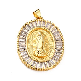 Honeyhandy Brass Micro Pave Clear Cubic Zirconia Pendants, Oval with Virgin Mary, Real 18K Gold Plated, 33.5x25.5x3.5mm, Hole: 4x3mm