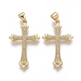 Honeyhandy Brass Micro Pave Cubic Zirconia Pendants, Cross, Clear, Real 18K Gold Plated, 30x18.5x2.5mm, Hole: 3.5x5.5mm