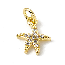 Honeyhandy Brass Micro Pave Cubic Zirconia Charms, with Jump Ring, Starfish Charm, Real 18K Gold Plated, 12x10x2mm, Hole: 3mm