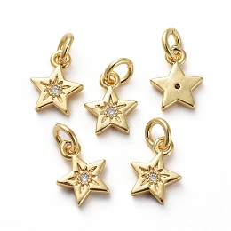 Honeyhandy Brass Micro Pave Cubic Zirconia Pendants, with Jump Rings, Star, Golden, 9.5x7.5x2mm, Hole: 3mm