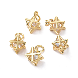 Honeyhandy Hollow Brass Charms, with Clear Cubic Zirconia, Long-Lasting Plated, Real 18K Gold Plated, Merkaba Star, 12.1x8.5x8.5mm, Hole: 3.1mm