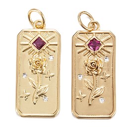 Honeyhandy Brass Micro Pave Cubic Zirconia Pendants, Long-Lasting Plated, Rectangle with Rose Flower, Sun & Star, Real 18K Gold Plated, 23x10.5x2mm, Hole: 3.4mm, Jump Ring: 5x0.8mm