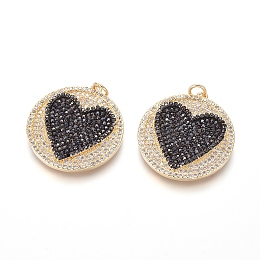 Honeyhandy Brass Micro Pave Cubic Zirconia Pendants, with Jump Rings, Flat Round with Heart, Black & Clear, Golden, 27x25x2.5mm, Hole: 3mm