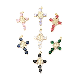 Honeyhandy Rack Plating Brass Micro Pave Cubic Zirconia Pendants, Cadmium Free & Lead Free, Real 18K Gold Plated, Cross with Saint, Mixed Color, 45.5x29x6mm, Hole: 4x6mm