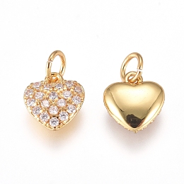 Honeyhandy Brass Charms, with Micro Pave Cubic Zirconia and Jump Rings, Heart, Clear, Golden, 7.5x7x2.5mm, Hole: 2.5mm