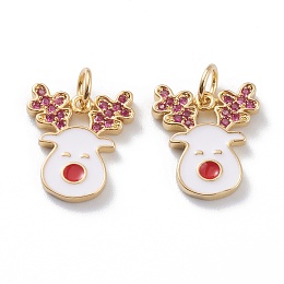 Honeyhandy Brass Micro Pave Cerise Cubic Zirconia Pendants, with White Enamel & Jump Rings, Long-Lasting Plated, For Christmas, Reindeer/Stag, Real 18K Gold Plated, 15x13x1.5mm, Hole: 3mm, Jump Ring: 5x1mm