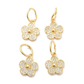 Honeyhandy Brass Micro Pave Clear Cubic Zirconia Charms, with Jump Ring, Long-Lasting Plated, Flower, Real 18K Gold Plated, 15x13x3mm, Jump Ring: 10x1mm, 7.5mm Inner Diameter