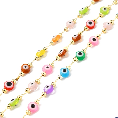 Handmade Brass Cable Chain, with Glass Evil Eye Beaded, Long-Lasting Plated, Soldered, with Spool, Colorful, 13.5x6x4mm