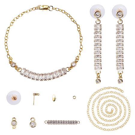 SUNNYCLUE DIY 1 Set Fashion Micro Pave Cubic Zirconia Crystal Half Bar Jewelry Set Bracelet Stud Earrings Making Starter Kit for Beginners, Nickel Free, Golden
