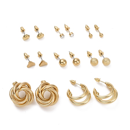 ARRICRAFT Ring & Triangle & Round & Heart Crystal Rhinestone Stud Earrings Set, Hal Hoop Earrings, Open Hoop Earrings for Women, Golden, 3~30x3~23.5mm, Pin: 0.8~0.9mm, 8 pairs/set