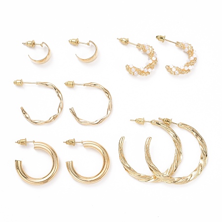 ARRICRAFT C-shape Stud Earrings, Imitation Pearl Beads Half Hoop Earrings, Alloy Open Hoop Earrings for Women, Golden, 13~35.5x3~7mm, Pin: 0.8mm, 5 pairs/set