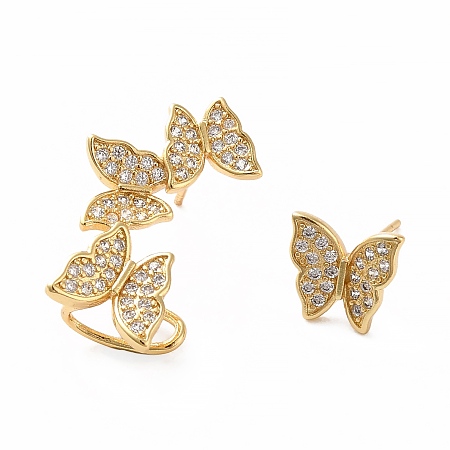 Honeyhandy Cubic Zirconia Butterfly Asymmetrical Earrings, Rack Plating Real 18K Gold Plated Brass Stud Earrings with Ear Cuff for Women, Lead Free & Cadmium Free, Clear, 9.5~24.5x10~14.5mm, Pin: 0.7mm