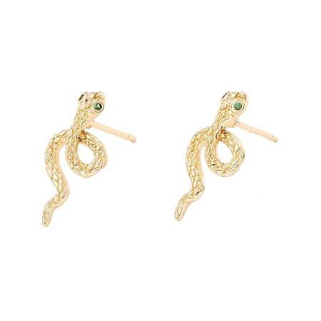 Honeyhandy Green Cubic Zirconia Snake Stud Earrings, Brass Jewelry for Women, Lead Free & Cadmium Free, Real 18K Gold Plated, 16.5x7.5mm, Pin: 0.8mm