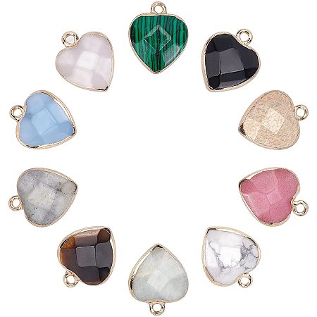 Arricraft 10 Pcs Gemstone Heart Pendants Charms, Faceted Heart Shaped Rock Charms with Golden Iron Findings for Necklace Jewelry Making