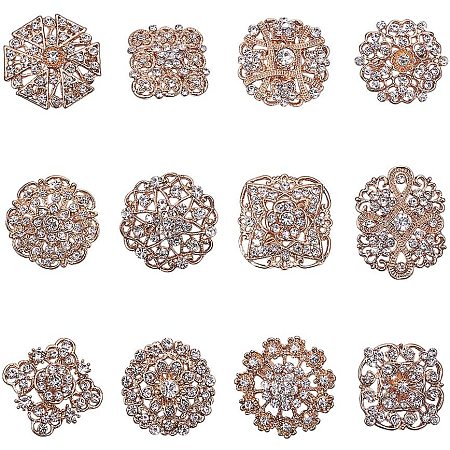 Arricraft 12 pcs Clear Rhinestone Crystal Flower Brooches Pins for Wedding Party Bouquet Broaches Kit Women Dress Decorations, Golden