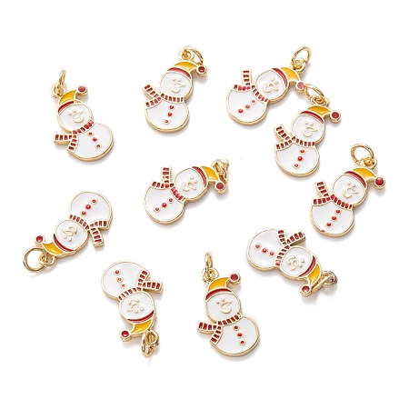 ARRICRAFT Real 18K Gold Plated Brass Enamel Pendants, with Jump Ring, for Christmas, Snowmen, White, 18x11x1.5mm, Hole: 3.4mm