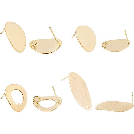 BENECREAT 16pcs 18K Gold Plated Earring Studs 4 Mixed Shape Ring/Oval/Flat Round/Flat Oval Brass Earring Stud with Loop for Earring DIY Jewelry Making