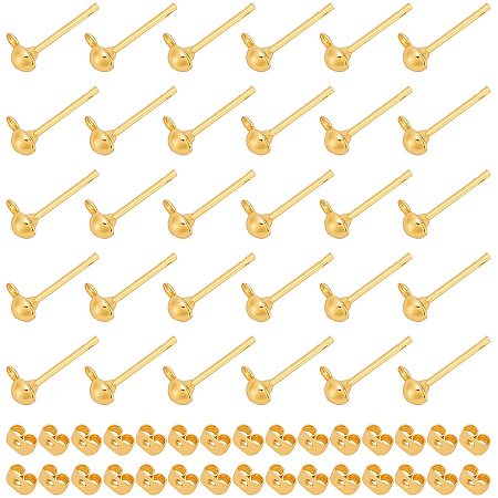 CHGCRAFT 30Pcs Brass Ball Post Earrings Stud Earrings Hypoallergenic Ball Stud Earrings for Jewelry Earring Making Golden