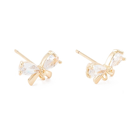 Honeyhandy Brass Micro Pave Clear Cubic Zirconia Stud Earring Findings, with 925 Sterling Silver Pin, with Loop, Butterfly, Real 14K Gold Plated, 7x11mm, Hole: 1.2mm, Pin: 0.7mm
