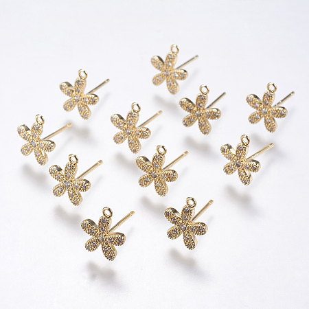 Brass Micro Pave Cubic Zirconia Stud Earring Findings, with Loop, Flower, Real 18K Gold Plated, 11x10x1.5mm, Hole: 0.5mm; Pin: 0.5mm