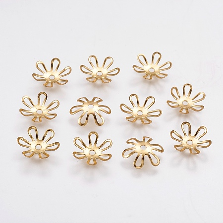 Honeyhandy 6-Petal Brass Bead Caps, Long-Lasting Plated, Flower, Real 18K Gold Plated, 10x2mm, Hole: 1mm