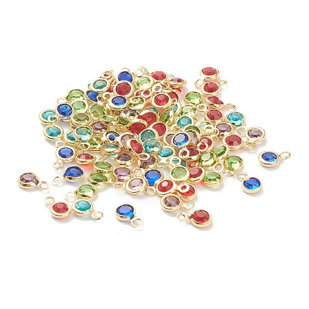Honeyhandy Faceted Glass Charms, with Brass Findings, Long-Lasting Plated, Flat Round, Golden, 7.5x5x2mm, Hole: 1.4mm