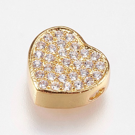 Honeyhandy Brass Micro Pave Cubic Zirconia Beads, Heart, Clear, Golden, 9x9.5x4mm, Hole: 1.5mm