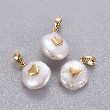 Honeyhandy Natural Cultured Freshwater Pearl Pendants, with Brass Findings, Nuggets with Heart, Long-Lasting Plated, Golden, 17~27x12~16x6~12mm, Hole: 4x2.5mm