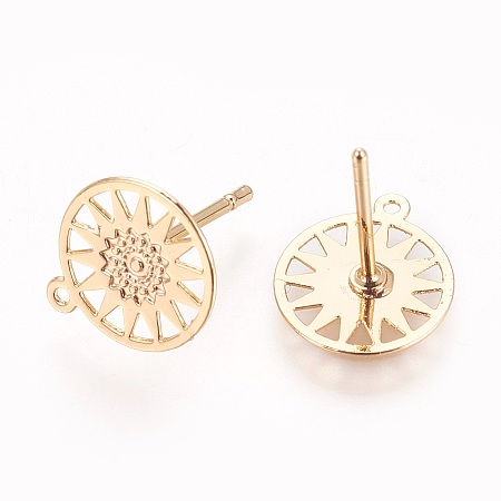 Brass Stud Earring Findings, with Loop, Flat Round with Flower, Real 18K Gold Plated, 11.5x10x0.4mm, Hole: 0.8mm; Pin: 0.8mm