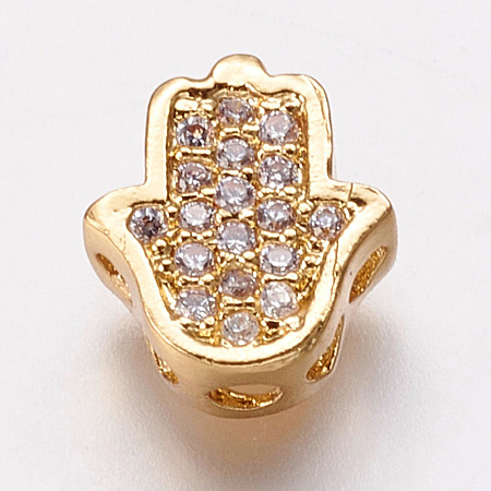 Honeyhandy Brass Cubic Zirconia Beads, Hamsa Hand/Hand of Fatima/Hand of Miriam, Clear, Golden, 9.5x8.5x4mm, Hole: 2mm