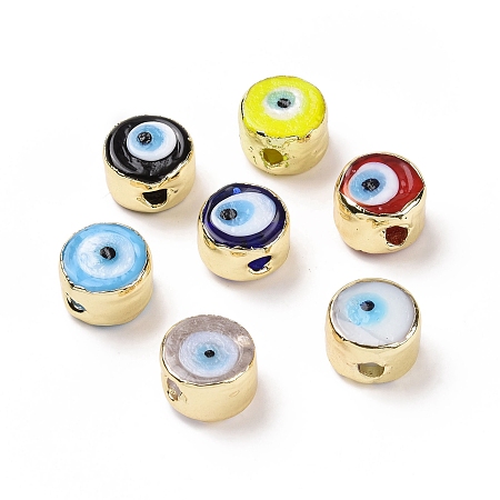 Handmade Evil Eye Lampwork Beads, with Golden Tone Brass Findings, Long-Lasting Plated, Cadmium Free & Lead Free, Flat Round, Mixed Color, 12.5x8mm, Hole: 2.5mm