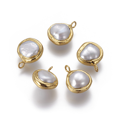 Honeyhandy Natural Cultured Freshwater Pearl Pendants, with Brass Findings, Nuggets, White, Golden, 17~18.5x13~15x8~9.5mm, Hole: 2.5mm