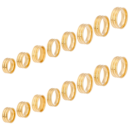 UNICRAFTALE 16pcs 8 Sizes Golden Double Blank Core Finger Rings Stainless Steel Grooved Ring Settings Wide Band Finger Rings for Jewelry Making Gift Size 5-14