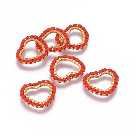 Arricraft Handmade Japanese Seed Beads, with 304 Stainless Steel Link Rings, Loom Pattern, Heart, Golden, Red, 13.5~14x15x1.8~2mm