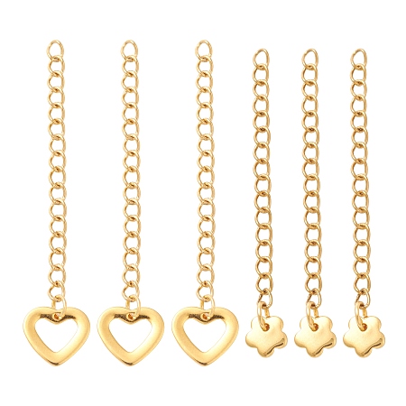 Honeyhandy 6Pcs 2 Style 304 Stainless Steel Curb Chain Extender, with Charms, Flower & Hollow Heart, Golden, 56~62mm, Link: 3.7~4x3x0.5mm, 3pcs/style