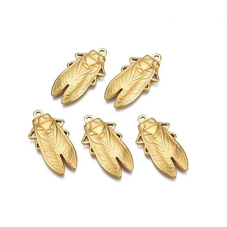 Ion Plating(IP) 304 Stainless Steel Pendants, Cicada, Real 18K Gold Plated, 29.5x15.5x3mm, Hole: 1.6mm