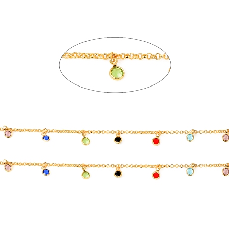 Honeyhandy 3.28 Feet Brass Rolo Chains, with Glass Cubic Zirconia Charms, Soldered, Long-Lasting Plated, Flat Round, Colorful, Real 18K Gold Plated, 2x2x0.8mm