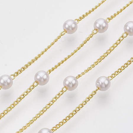 Honeyhandy 3.28 Feet Handmade Brass Chains, with Round ABS Plastic Imitation Pearl Beads, Soldered, Creamy White, Golden, 2x1.2x0.4mm