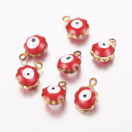 Honeyhandy Golden Tone Brass Enamel Charms, Flower with Evil Eye, Red, 9x7x5mm, Hole: 1mm