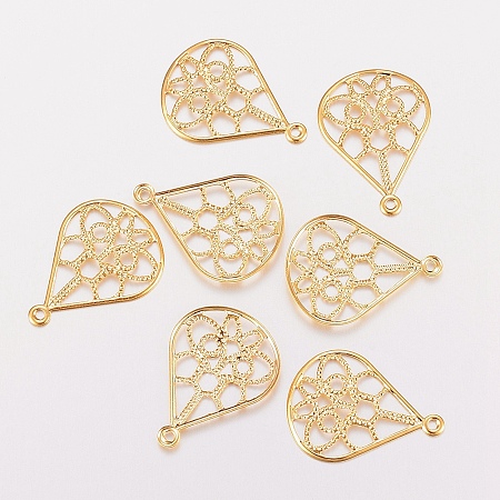 NBEADS 304 Stainless Steel Filigree Pendants, Textured, Teardrop with Floral Pattern , Golden, 20x15x1.2mm, Hole: 1mm