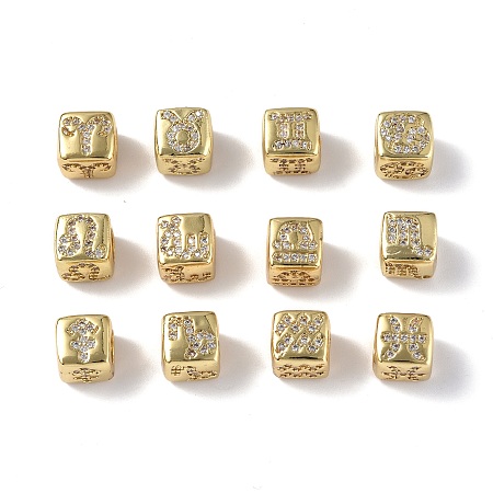 12Pcs 12 Styles Brass Micro Pave Clear Cubic Zirconia Beads, Cube with Twelve Constellations, Real 18K Gold Plated, 8x7.5x8mm, Hole: 4.5mm, 1pc/style