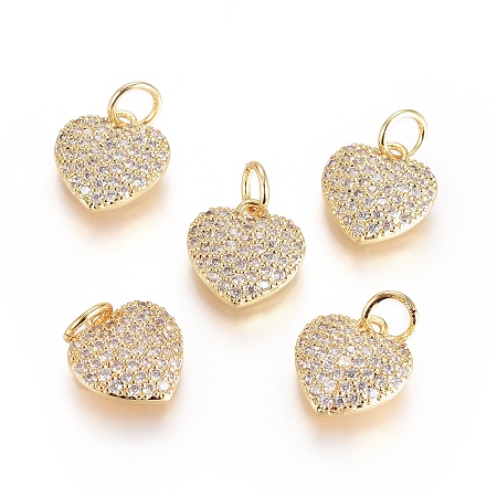 Honeyhandy Brass Micro Pave Cubic Zirconia Pendants, with Jump Ring, Long-Lasting Plated, Heart, Clear, Real 18K Gold Plated, 10.5x10x2.5mm, Hole: 3mm