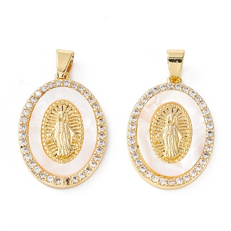 Honeyhandy Brass Micro Pave Clear Cubic Zirconia Pendants, Long-Lasting Plated, Oval with Virgin Mary, Real 18K Gold Plated, 27.5x19x2.5mm, Hole: 4.5x3.5mm