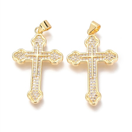Honeyhandy Brass Micro Pave Clear Cubic Zirconia Pendants, Cross, Real 18K Gold Plated, 32x20x3mm, Hole: 3mm