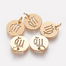 Honeyhandy 304 Stainless Steel Pendants, with Jump Ring, Laser Cut, Flat Round with Constellation/Zodiac Sign, Golden, Virgo, 12x1mm, Hole: 3mm