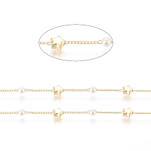 Honeyhandy Brass Handmade Beaded Chain, Curb Chains, with CCB Plastic Imitation Pearl Bead, Long-Lasting Plated, Soldered, with Spool, Star, Real 18K Gold Plated, 2x1x0.8mm, Bead: 4mm, Star: 5.5x6.5x3mm, about 32.8 Feet(10m)/roll