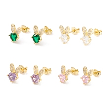 Honeyhandy Brass Micro Pave Cubic Zirconia Stud Earring, Real 18K Gold Plated, Rabbit, Mixed Color, 10x6.5mm, Pin: 1mm